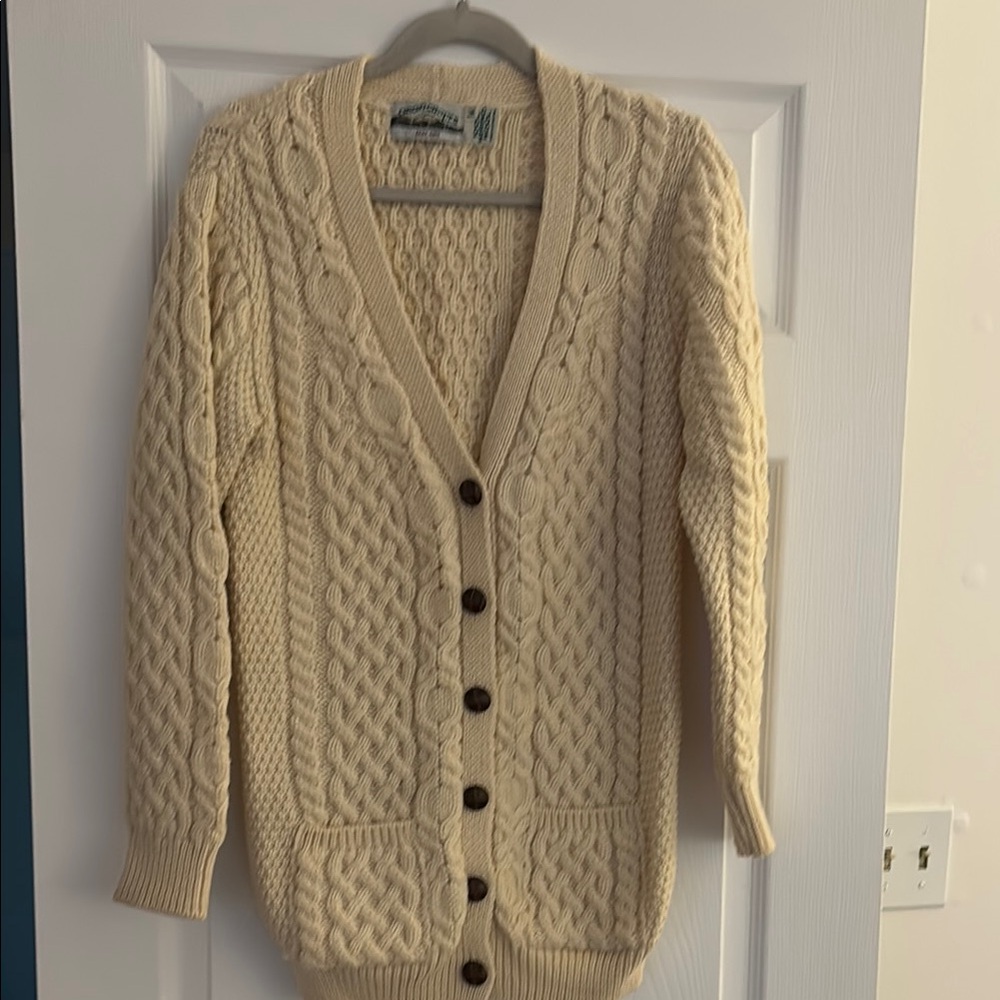 Aran Crafts Cream Cable Knit Cardigan Sweater from Ireland 💯 Wool